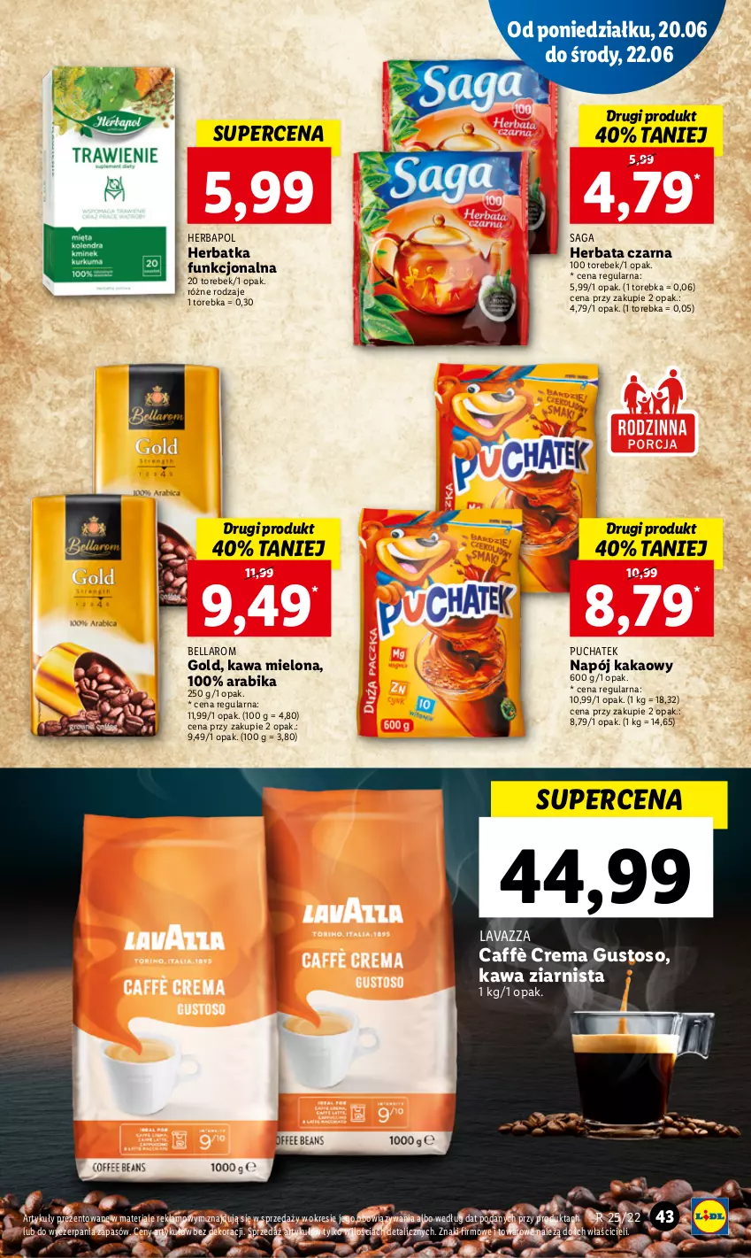 Gazetka promocyjna Lidl - GAZETKA - ważna 20.06 do 22.06.2022 - strona 43 - produkty: Bell, Bella, Herbapol, Herbata, Herbata czarna, Kakao, Kawa, Kawa mielona, Kawa ziarnista, Lavazza, Napój, Saga, Torebka