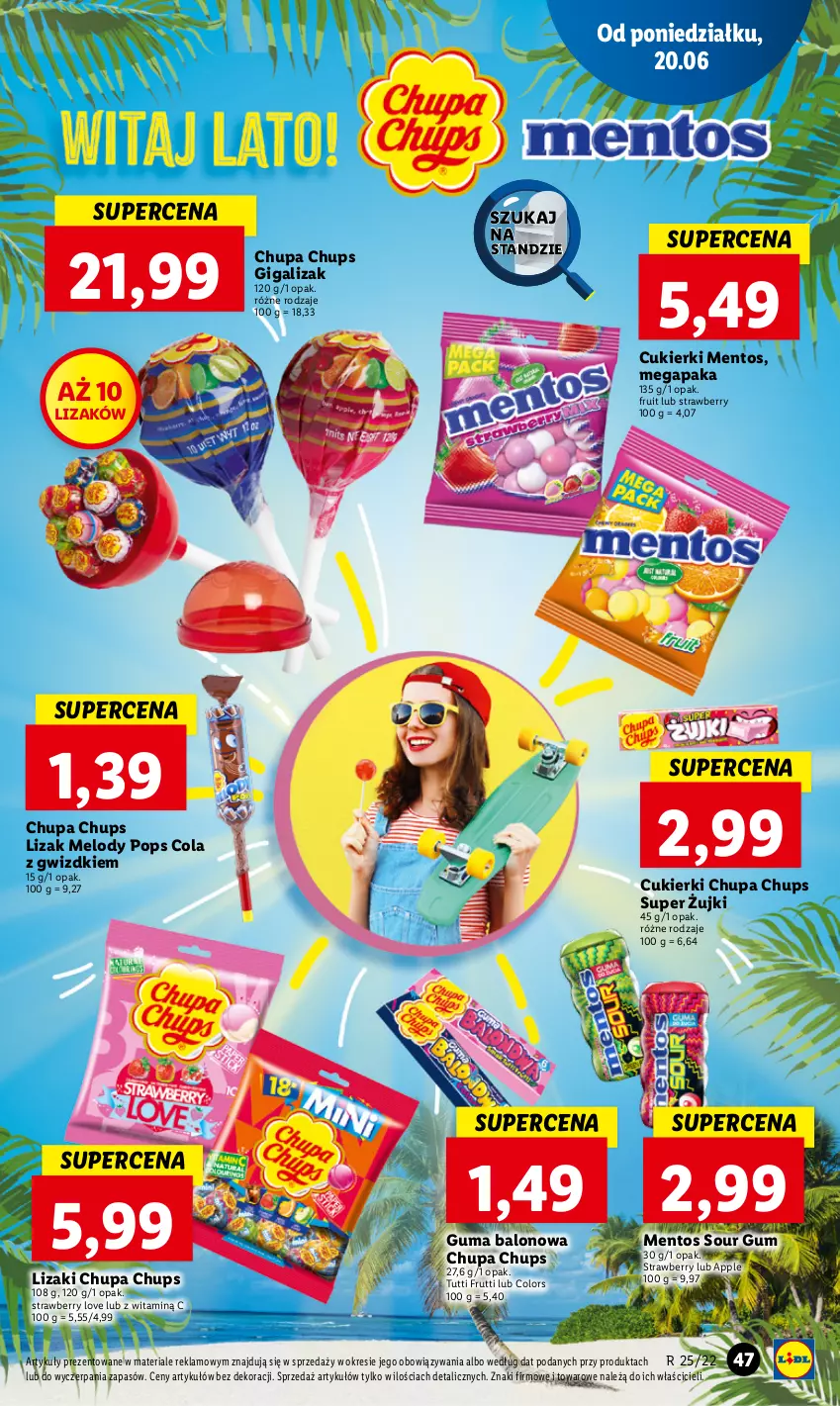 Gazetka promocyjna Lidl - GAZETKA - ważna 20.06 do 22.06.2022 - strona 47 - produkty: Chupa Chups, Cukier, Cukierki, Lizaki, Lody, Mentos