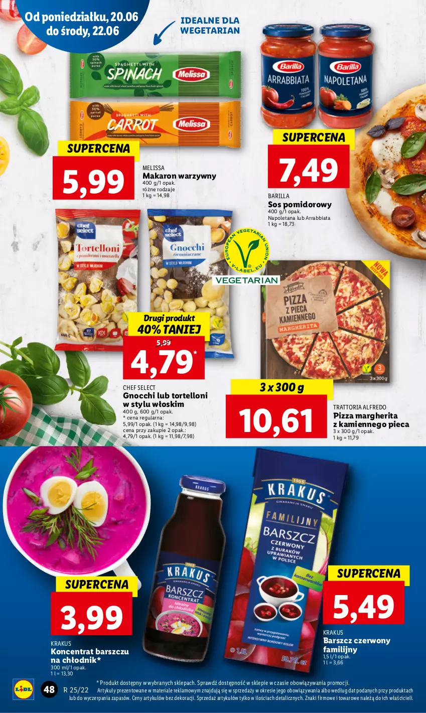 Gazetka promocyjna Lidl - GAZETKA - ważna 20.06 do 22.06.2022 - strona 48 - produkty: Barilla, Fa, Gnocchi, Krakus, Makaron, Piec, Pizza, Pizza margherita, Sos, Sos pomidorowy, Tortelloni