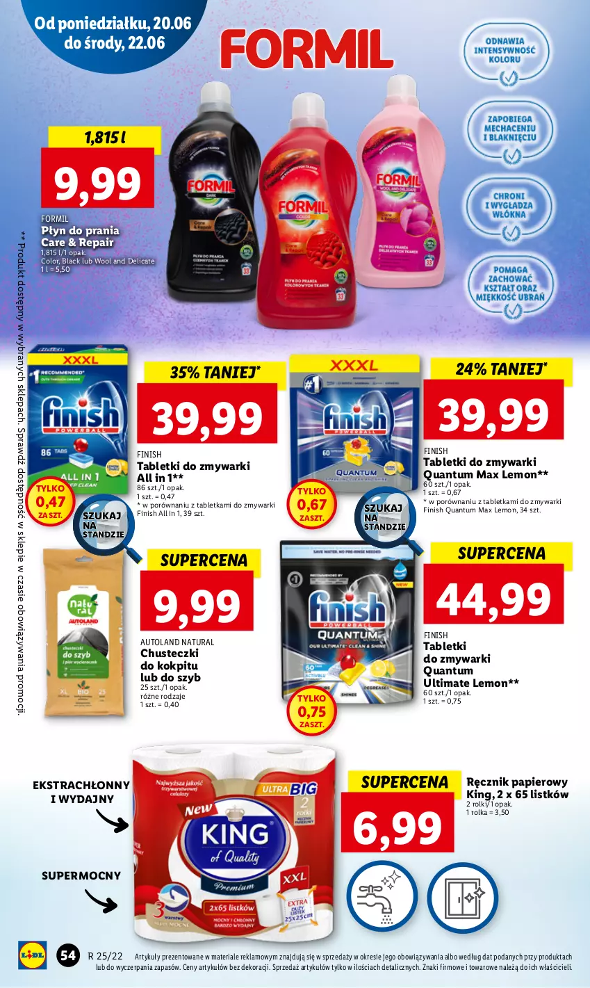 Gazetka promocyjna Lidl - GAZETKA - ważna 20.06 do 22.06.2022 - strona 54 - produkty: Chusteczki, Finish, Lack, Papier, Płyn do prania, Por, Ręcznik, Rolki, Tablet, Tabletki do zmywarki, Zmywarki