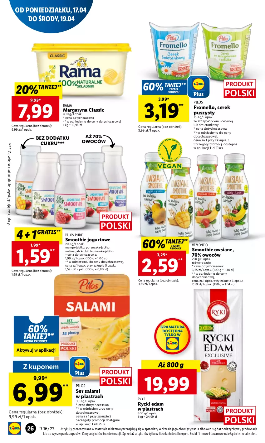 Gazetka promocyjna Lidl - GAZETKA - ważna 17.04 do 19.04.2023 - strona 32 - produkty: Edam, Gra, Jogurt, Mango, Margaryna, Pilos, Por, Pur, Rama, Rycki Edam, Salami, Ser, Ser salami, Serek, Serek puszysty, Smoothie