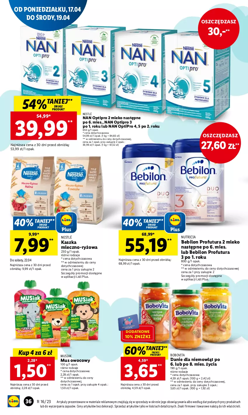 Gazetka promocyjna Lidl - GAZETKA - ważna 17.04 do 19.04.2023 - strona 44 - produkty: BEBILON, BoboVita, Mleko, Mus, NAN Optipro, Nestlé, O nas, Ryż