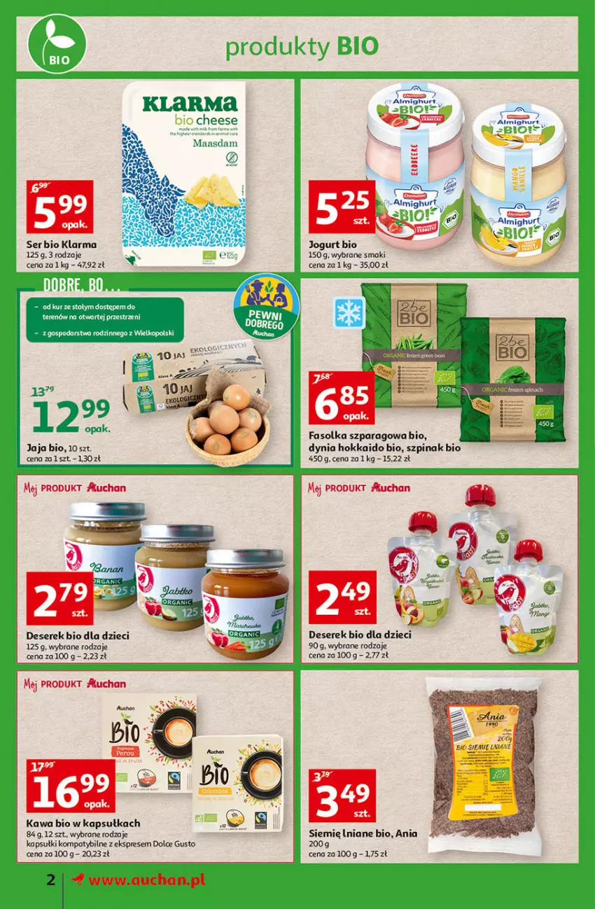 Gazetka promocyjna Auchan - przeNISKIE CENY PRODUKTY przeEKOLOGICZNE Supermarkety - ważna 02.06 do 08.06.2022 - strona 2 - produkty: Deser, Dolce Gusto, Dzieci, Fa, Jaja, Kawa, Maasdam, Ser, Serek, Szpinak