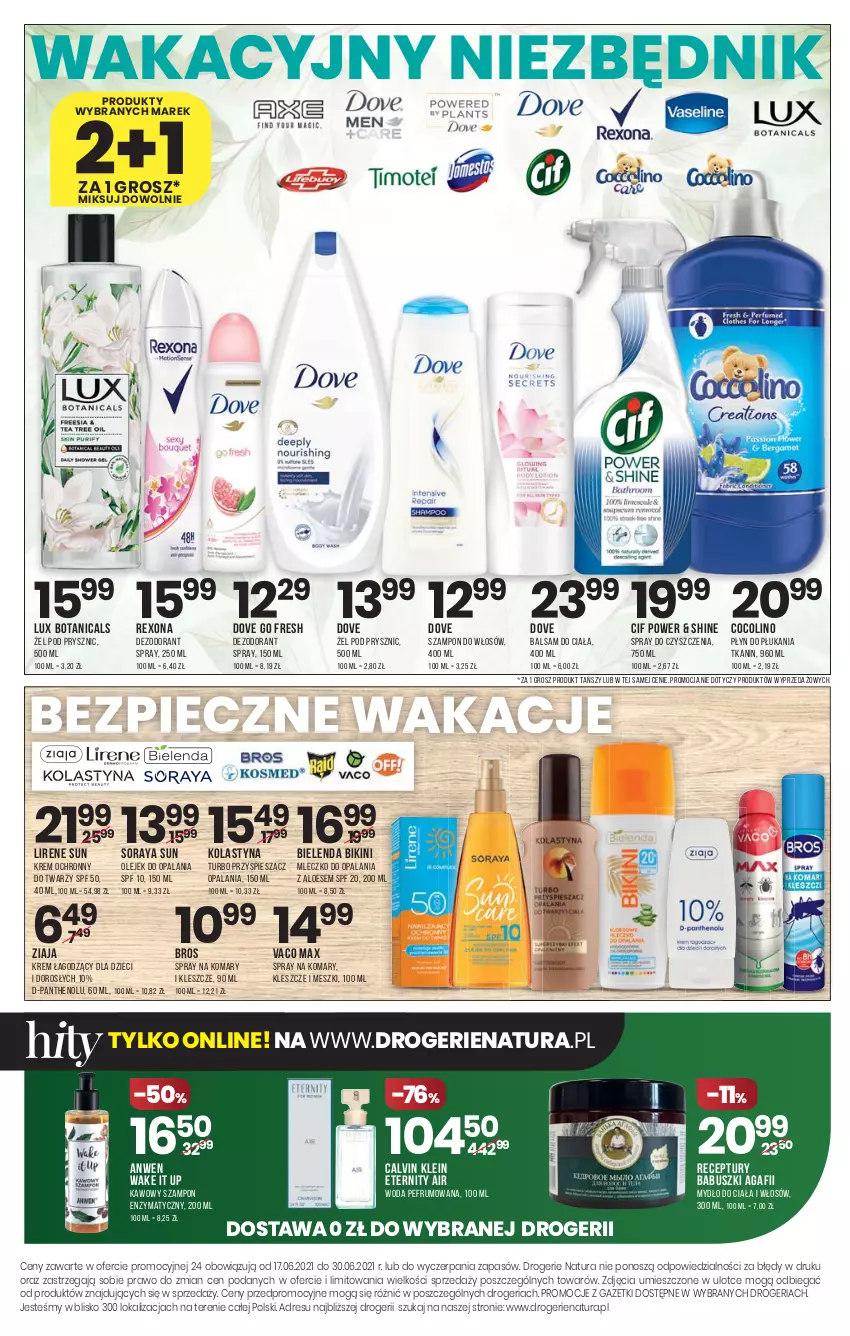 Gazetka promocyjna Drogerie Natura - Gazetka Drogerie Natura - ważna 17.06 do 30.06.2021 - strona 16 - produkty: Balsam do ciała, Bielenda, Bikini, Calvin Klein, Cif, Dezodorant, Dove, Dzieci, Lirene, Mleczko, Mydło, Olej, Piec, Płyn do płukania, Rexona, Rum, Spray do czyszczenia, Szampon, Woda, Ziaja