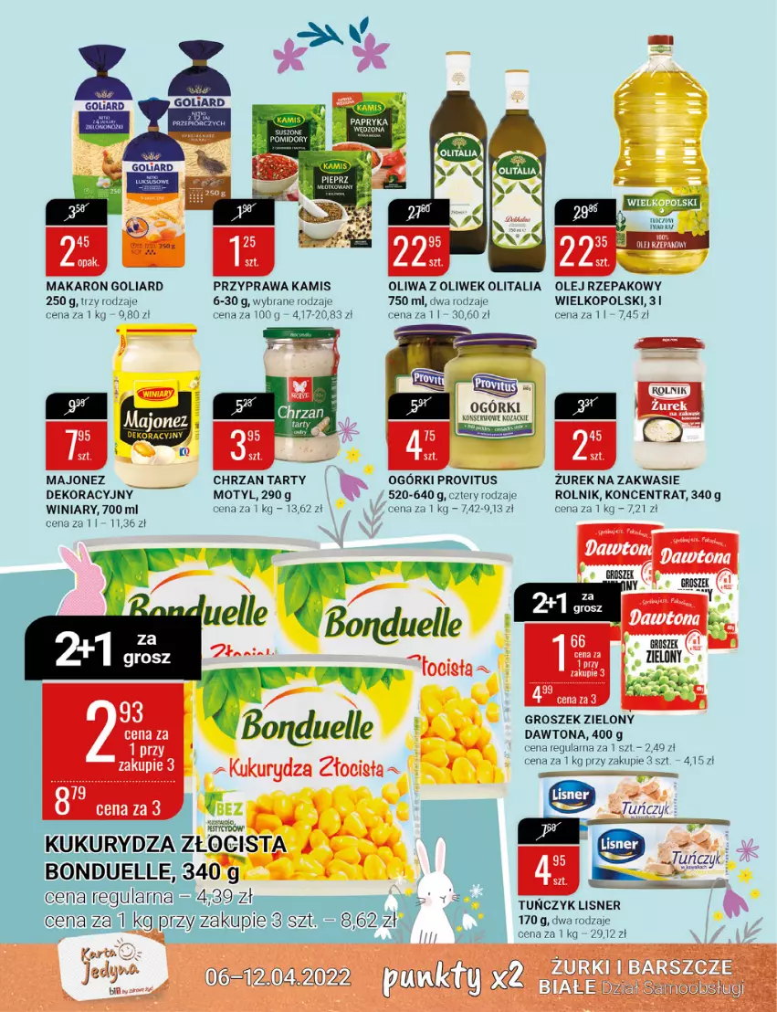 Gazetka promocyjna Bi1 - Wielkanoc pełna smaku - ważna 06.04 do 12.04.2022 - strona 12 - produkty: Bonduelle, Chrzan, Dawtona, Goliard, Groszek, Kamis, Kukurydza, LG, Lisner, Majonez, Makaron, Ogórki konserwowe, Olej, Olej rzepakowy, Oliwa z oliwek, Rolnik, Ser, Tuńczyk, Winiary