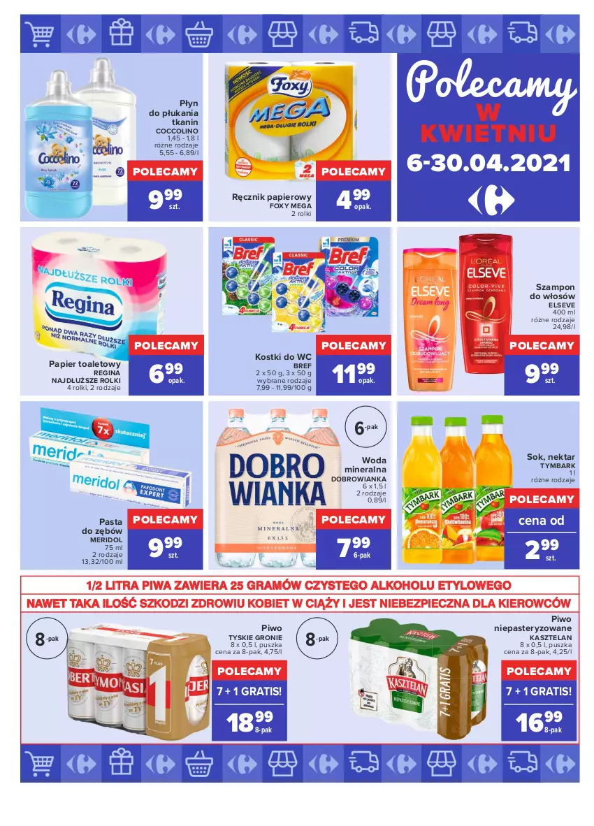 Gazetka promocyjna Carrefour - Gazetka Carrefour - ważna 05.04 do 17.04.2021 - strona 33 - produkty: Bref, Coccolino, Dobrowianka, Elseve, Foxy, Gin, Gra, Kasztelan, Nektar, Papier, Papier toaletowy, Pasta do zębów, Piec, Piwa, Piwo, Płyn do płukania, Ręcznik, Rolki, Sok, Szampon, Tymbark, Tyskie, Woda, Woda mineralna