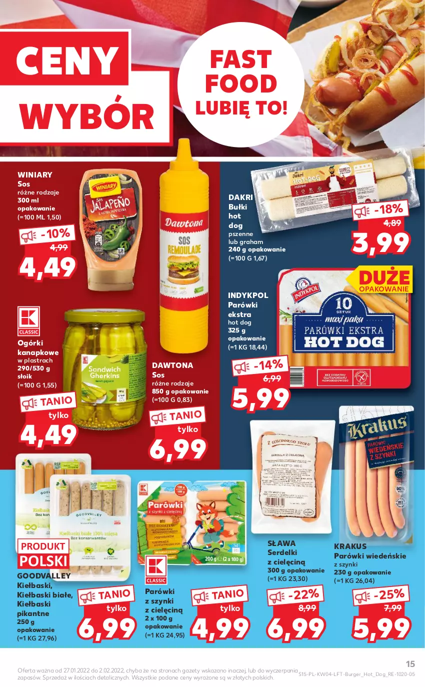 Gazetka promocyjna Kaufland - OFERTA TYGODNIA - ważna 27.01 do 02.02.2022 - strona 15 - produkty: Burger, Dawtona, Fa, Gra, Hot dog, Kiełbaski białe, Krakus, Parówki, Parówki z szynki, Ser, Serdelki, Sos, Winiary