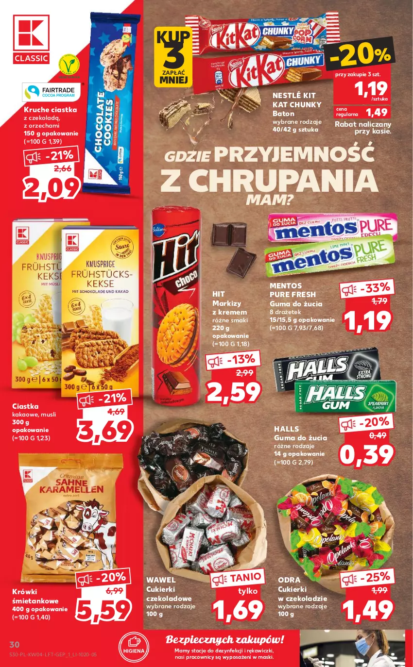 Gazetka promocyjna Kaufland - OFERTA TYGODNIA - ważna 27.01 do 02.02.2022 - strona 30 - produkty: Baton, Ciastka, Cukier, Cukierki, Cukierki czekoladowe, Guma do żucia, Halls, Kakao, Kit Kat, Mentos, Mus, Nestlé, Piec, Pur, Wawel