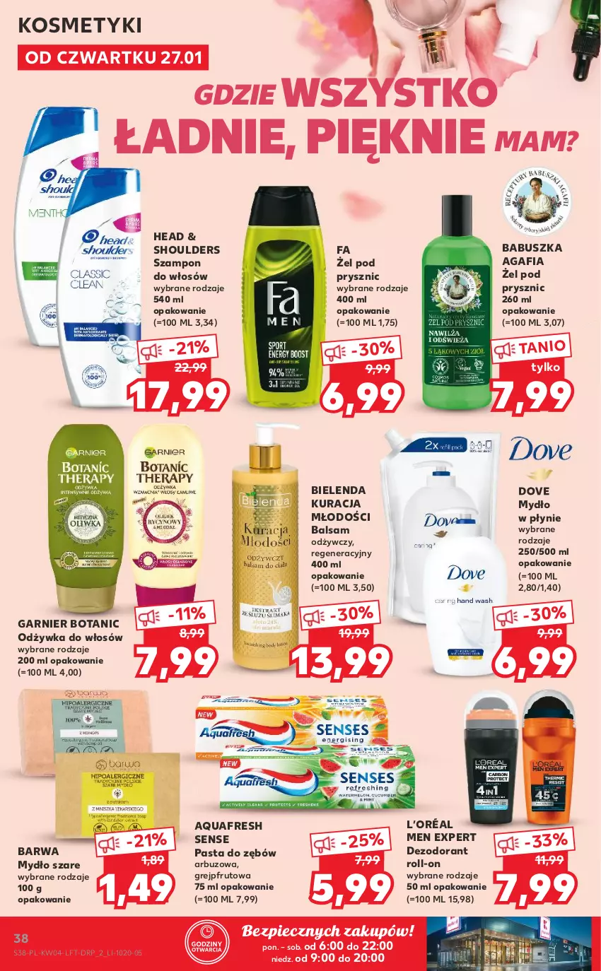 Gazetka promocyjna Kaufland - OFERTA TYGODNIA - ważna 27.01 do 02.02.2022 - strona 38 - produkty: Aquafresh, Arbuz, Bielenda, Dezodorant, Dove, Fa, Garnier, Grejpfrut, L’Oréal, Mydło, Mydło w płynie, Odżywka, Pasta do zębów, Piec, Szampon