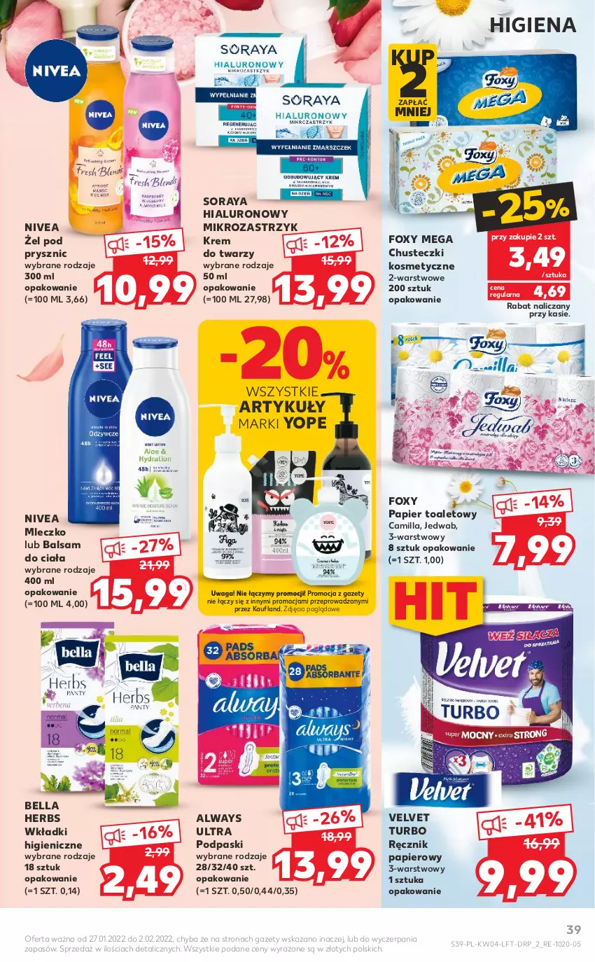 Gazetka promocyjna Kaufland - OFERTA TYGODNIA - ważna 27.01 do 02.02.2022 - strona 39 - produkty: Always, Always Ultra, Balsam do ciała, Bell, Bella, Chusteczki, Chusteczki kosmetyczne, Foxy, Krem do twarzy, Mleczko, Nivea, Papier, Papier toaletowy, Podpaski, Ręcznik, Velvet, Waga, Wkładki, Yope