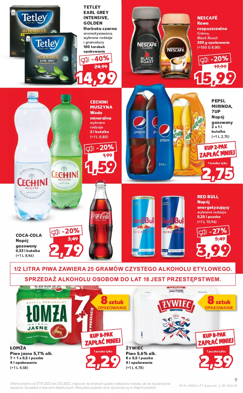 Gazetka promocyjna Kaufland - OFERTA TYGODNIA - ważna 27.01 do 02.02.2022 - strona 9 - produkty: 7up, Coca-Cola, Earl Grey, Gra, Herbata, Herbata czarna, Kawa, Kawa rozpuszczalna, Lack, Mirinda, Mus, Napój, Napój gazowany, Nescafé, Pepsi, Piwa, Piwo, Piwo jasne, Rama, Red Bull, Szyna, Tetley, Woda, Woda mineralna