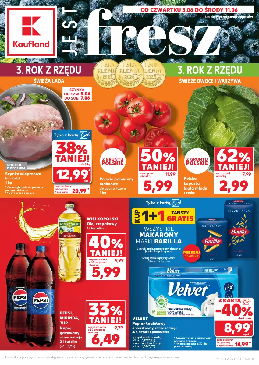 Gazetka promocyjna Kaufland - Gazetka tygodnia - ważna 05.06 do 11.06.2025 - strona 1 - produkty: 7up, Barilla, Gra, Grunt, Makaron, Mirinda, Napój, Napój gazowany, Olej, Olej rzepakowy, Owoce, Papier, Papier toaletowy, Pepsi, Pomidory, Szynka, Szynka wieprzowa, Velvet, Waga, Warzywa