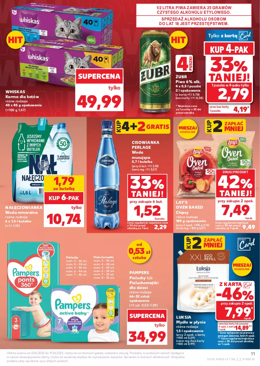 Gazetka promocyjna Kaufland - Gazetka tygodnia - ważna 05.06 do 11.06.2025 - strona 11 - produkty: Chipsy, Cisowianka, Dzieci, Gra, Lay’s, Luksja, Majtki, Mus, Mydło, Mydło w płynie, Nałęczowianka, Pampers, Pieluchomajtki, Pieluchy, Piwa, Piwo, Whiskas, Woda, Woda mineralna