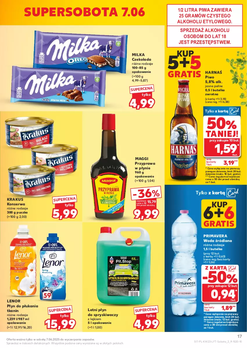 Gazetka promocyjna Kaufland - Gazetka tygodnia - ważna 05.06 do 11.06.2025 - strona 17 - produkty: Czekolada, Gra, Harnaś, Krakus, LANA, Lenor, Maggi, Milka, Piwa, Piwo, Płyn do płukania, Płyn do spryskiwaczy, Prima, Primavera, Przyprawa w płynie, Ser, Woda