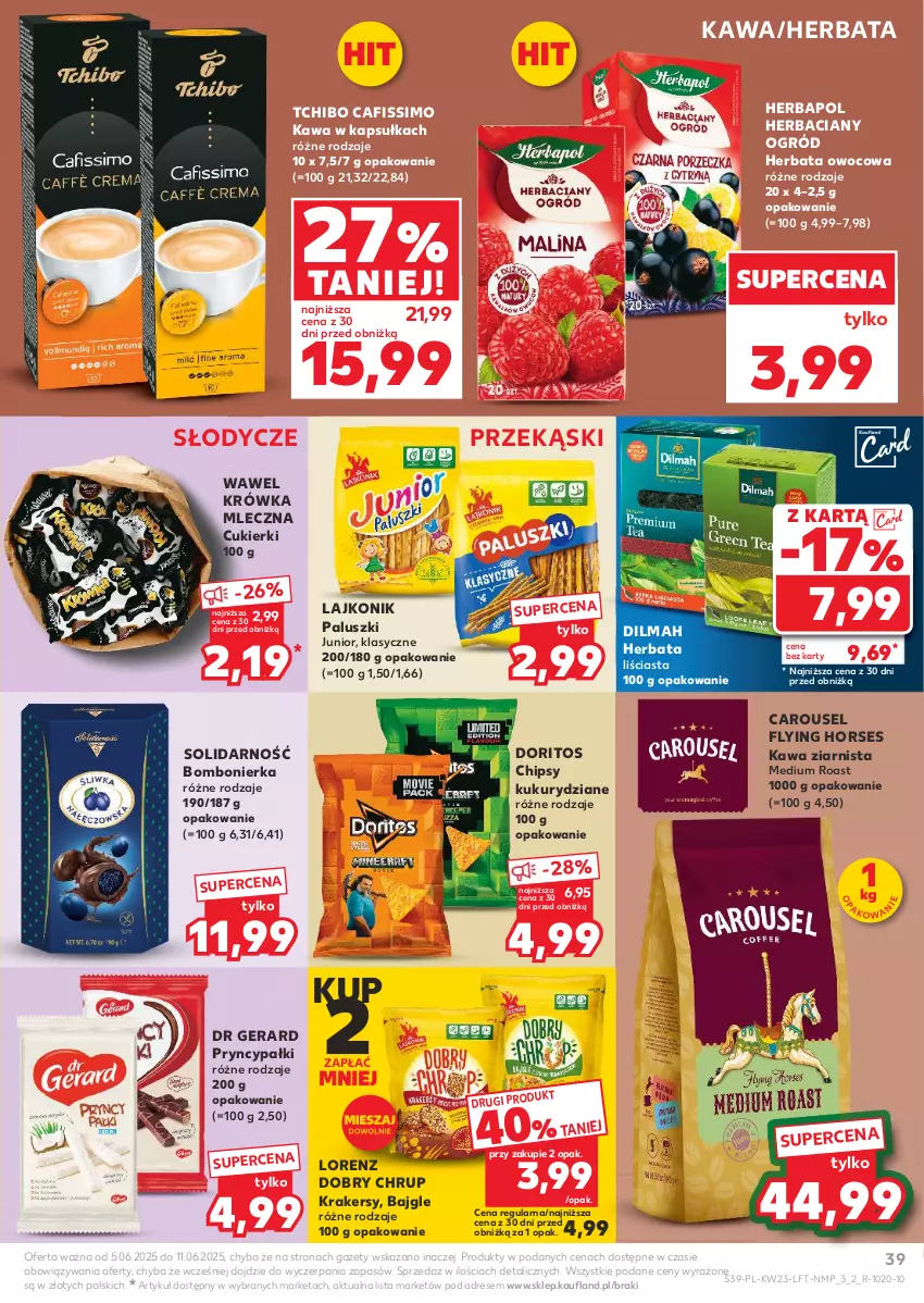 Gazetka promocyjna Kaufland - Gazetka tygodnia - ważna 05.06 do 11.06.2025 - strona 39 - produkty: Bajgle, Cafissimo, Chipsy, Cukier, Cukierki, Dilmah, Dr Gerard, Dres, Herbapol, Herbata, Herbata owocowa, Kawa, Kawa ziarnista, Krakersy, Lajkonik, Lorenz, Ogród, Tchibo, Wawel
