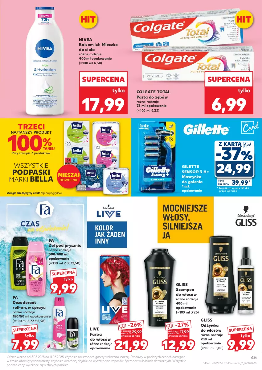 Gazetka promocyjna Kaufland - Gazetka tygodnia - ważna 05.06 do 11.06.2025 - strona 45 - produkty: Bell, Bella, Colgate, Colgate Total, Dezodorant, Fa, Farba do włosów, LG, Maszynka, Maszynka do golenia, Mleczko, Mleczko do ciała, Nivea, Odżywka, Pasta do zębów, Podpaski, Szampon, Szynka, Waga