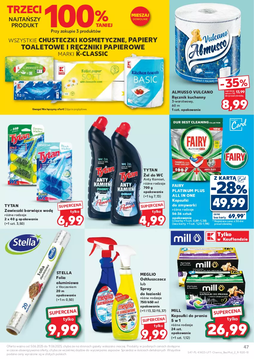 Gazetka promocyjna Kaufland - Gazetka tygodnia - ważna 05.06 do 11.06.2025 - strona 47 - produkty: Chusteczki, Chusteczki kosmetyczne, Fa, Fairy, Folia aluminiowa, Kapsułki do prania, Mus, Odtłuszczacz, Papier, Ręcznik, Ręcznik kuchenny, Ręczniki papierowe, Tytan, Waga, Zawieszki, Zmywarki