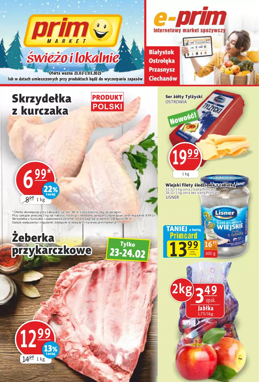 Gazetka promocyjna Prim Market - ważna 23.02 do 01.03.2023 - strona 1 - produkty: Jabłka, Kurczak, Lisner, Ser, Skrzydełka z kurczaka