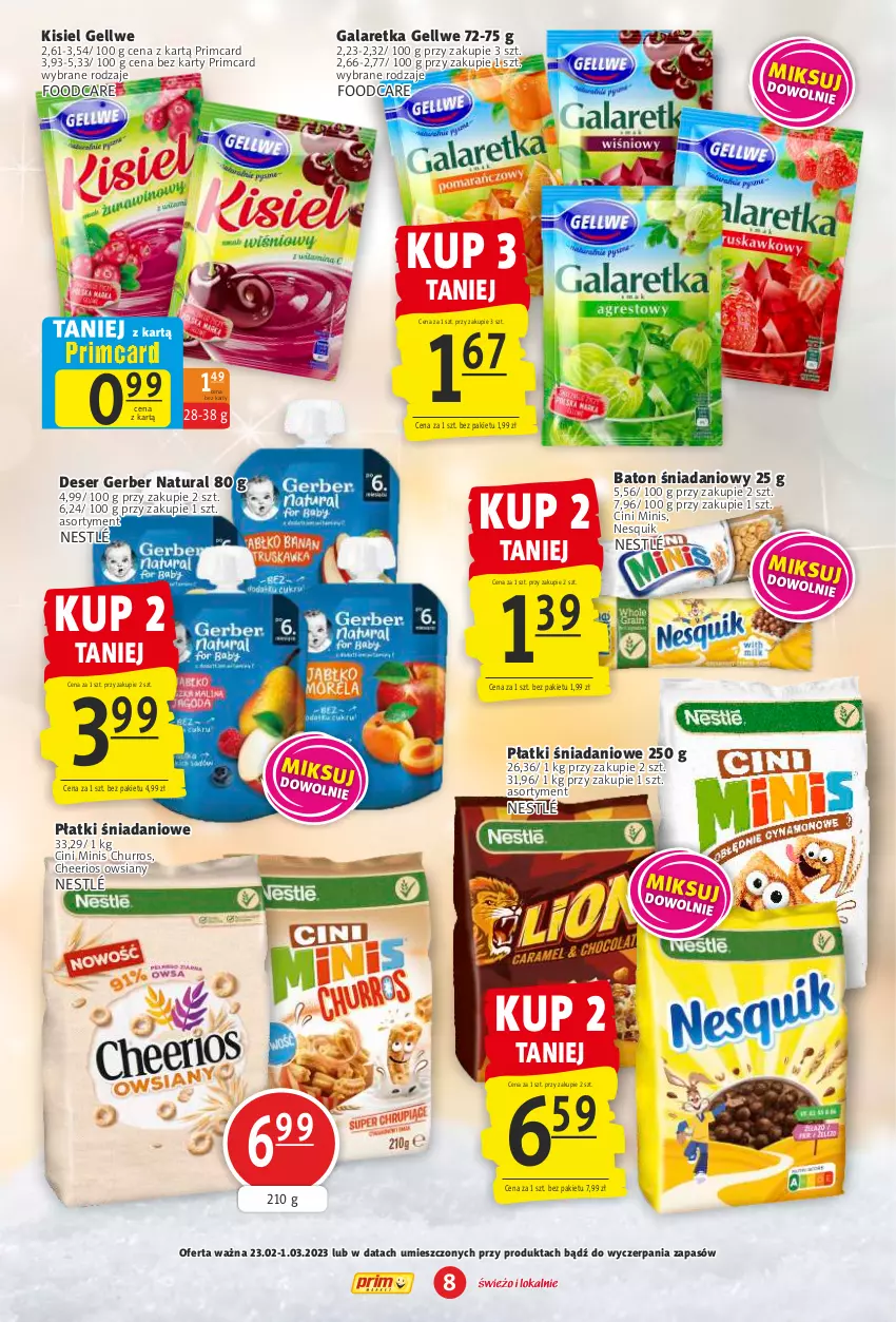 Gazetka promocyjna Prim Market - ważna 23.02 do 01.03.2023 - strona 8 - produkty: Baton, Cheerios, Cini Minis, Danio, Deser, Gala, Galaretka, Gerber, Kisiel, Nesquik, Nestlé, Ser