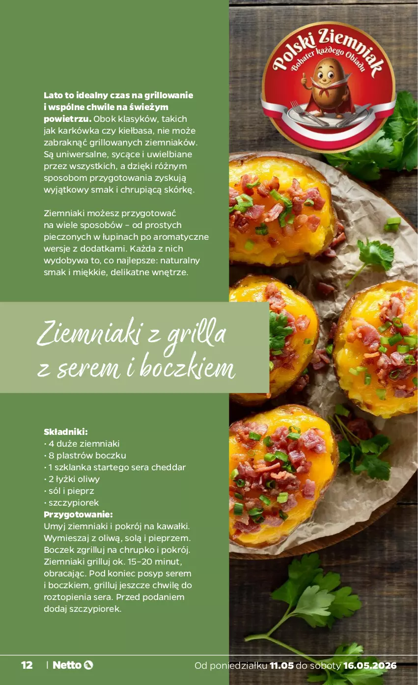 Gazetka promocyjna Netto - Od Poniedziałku - ważna 11.05 do 16.05.2026 - strona 12 - produkty: Boczek, Cheddar, Grill, Kawa, Kiełbasa, Piec, Pieprz, Ser, Sól, Szklanka, Top, Ziemniaki