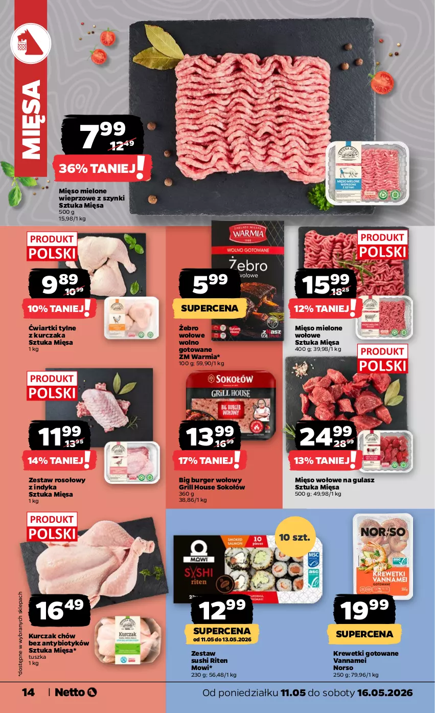 Gazetka promocyjna Netto - Od Poniedziałku - ważna 11.05 do 16.05.2026 - strona 14 - produkty: Burger, Grill, Krewetki, Kurczak, Mięso, Mięso mielone, Mięso wołowe, Sok, Sokołów, Sushi, Tusz