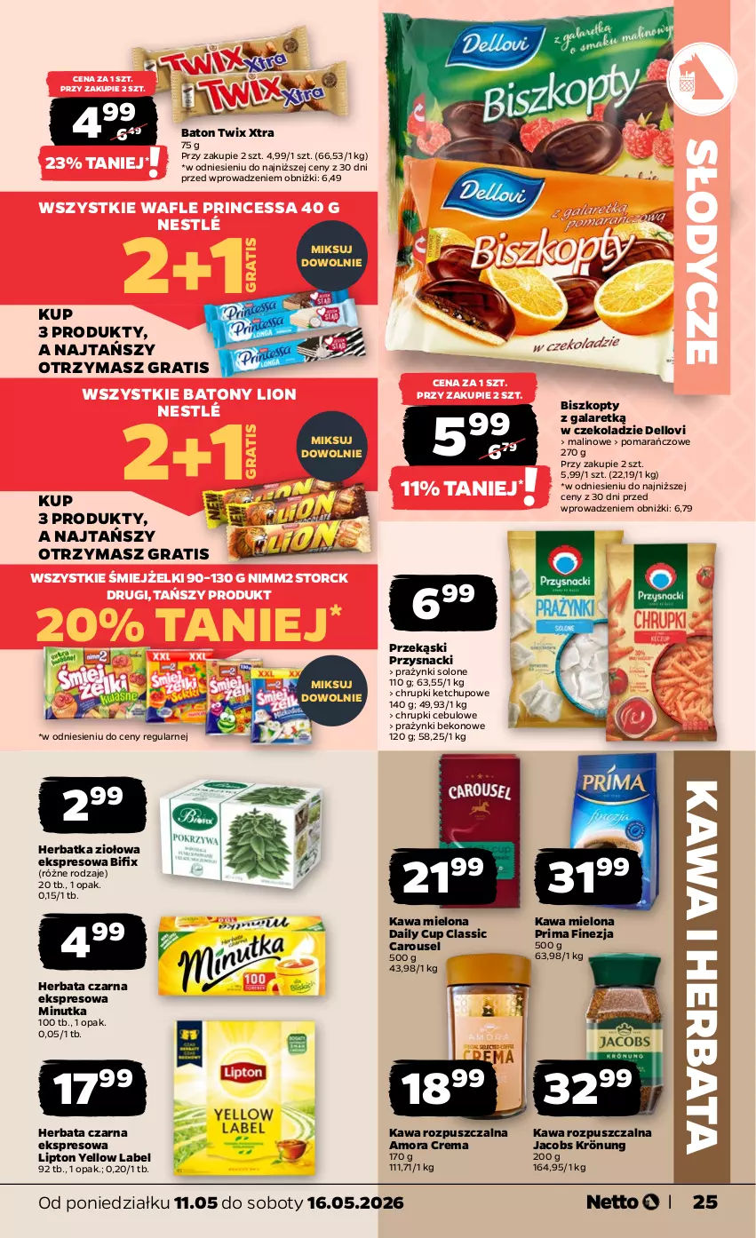 Gazetka promocyjna Netto - Od Poniedziałku - ważna 11.05 do 16.05.2026 - strona 25 - produkty: Baton, Beko, Biszkopty, Chrupki, Dell, Gala, Gra, Herbata, Herbata czarna, Jacobs, Jacobs Krönung, Kawa, Kawa mielona, Kawa rozpuszczalna, Ketchup, Lion, Lipton, Lovi, Nestlé, Nimm2, Prima, Princessa, Przysnacki, Twix, Wafle
