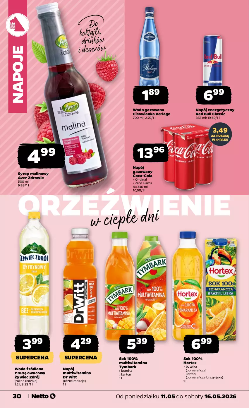 Gazetka promocyjna Netto - Od Poniedziałku - ważna 11.05 do 16.05.2026 - strona 30 - produkty: Cisowianka, Coca-Cola, Deser, Gin, Hortex, LANA, Napój, Napój energetyczny, Napój gazowany, Napoje, Red Bull, Ser, Sok, Syrop, Tymbark, Woda, Woda gazowana, Zdrowie