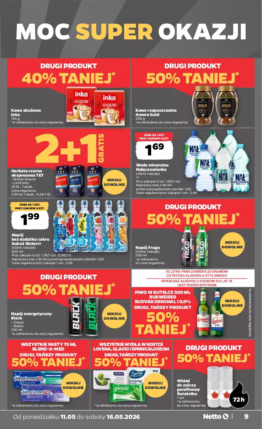 Gazetka promocyjna Netto - Od Poniedziałku - ważna 11.05 do 16.05.2026 - strona 9 - produkty: Blend-a-Med, Brit, Gin, Gra, Herbata, Herbata czarna, Inka, Kawa, Kawa rozpuszczalna, Kawa zbożowa, Kubuś, Kubuś Waterrr, Lack, Nałęczowianka, Napój, Napój energetyczny, Piwa, Piwo, Ser, Woda, Woda mineralna, Znicz