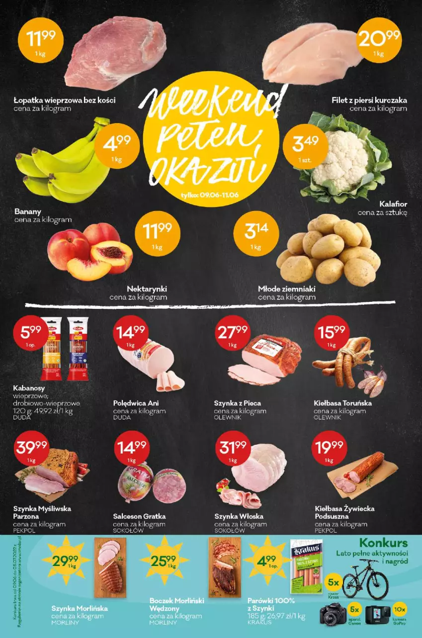 Gazetka promocyjna Groszek - ważna 25.05 do 07.06.2022 - strona 3 - produkty: Banany, Duda, Filet z piersi kurczaka, Gra, Kalafior, Kiełbasa, Kurczak, Olewnik, Pekpol, Piec, Polędwica, Salceson, Sok, Sokołów, Szynka