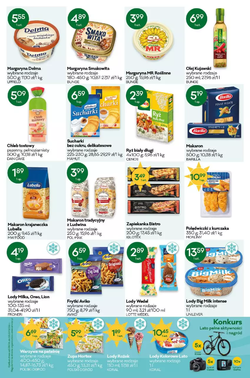 Gazetka promocyjna Groszek - ważna 25.05 do 07.06.2022 - strona 5 - produkty: Amol, Barilla, Bell, Bella, Big Milk, Cenos, Chleb, Chleb tostowy, Dan Cake, Delma, Frytki, Kujawski, Kurczak, Lion, Lody, Lubella, Makaron, Margaryna, Milka, Mola, Morliny, Olej, Oreo, Polędwiczki z kurczaka, Ryż, Ryż biały, Smakowita, Zapiekanka