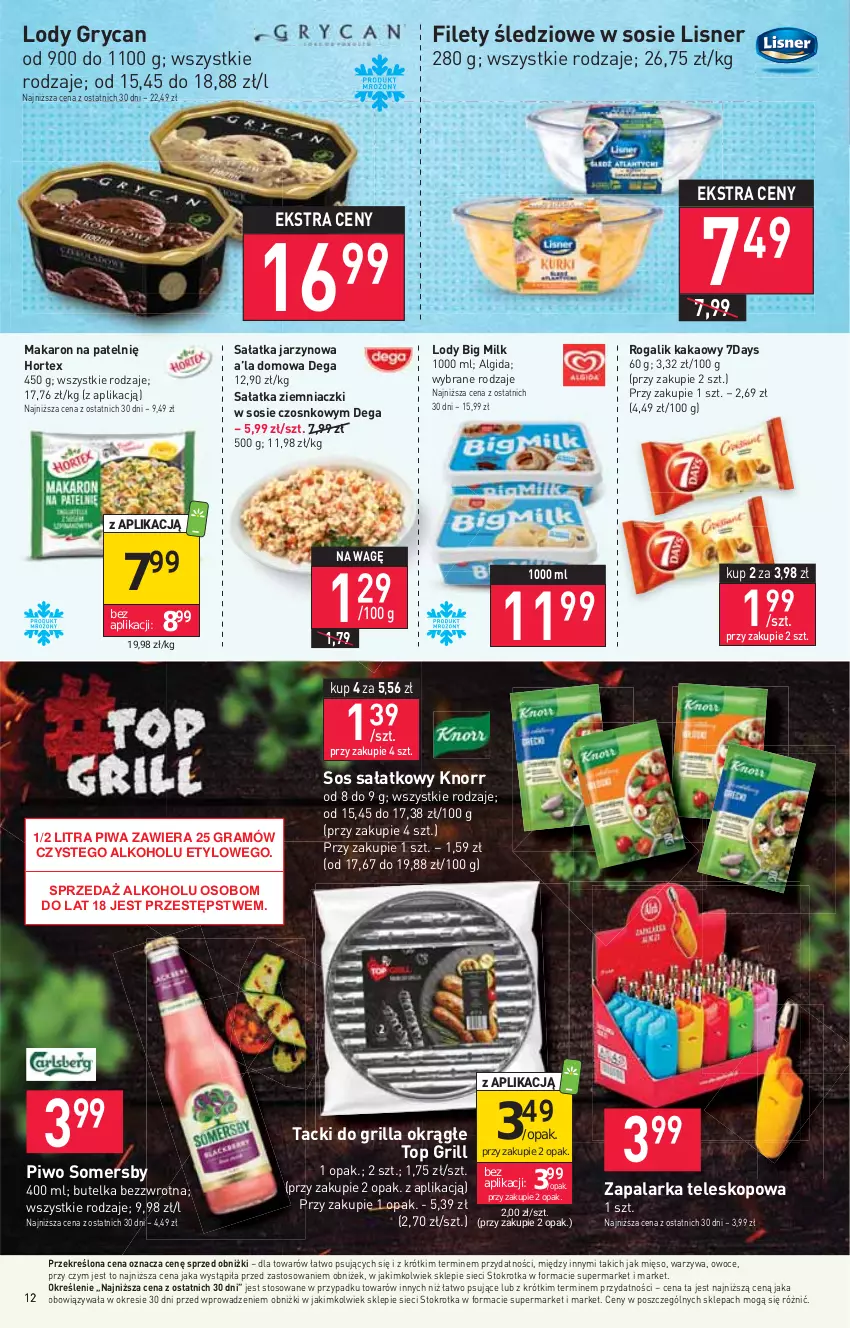 Gazetka promocyjna Stokrotka - Market - ważna 03.08 do 09.08.2023 - strona 13 - produkty: Algida, Big Milk, Dega, Gra, Grill, Gry, Hortex, Kakao, Knorr, LG, Lisner, Lody, Makaron, Mięso, Owoce, Piwa, Piwo, Rogal, Sałat, Sałatka, Somersby, Sos, Teleskop, Top, Warzywa, Zapalarka