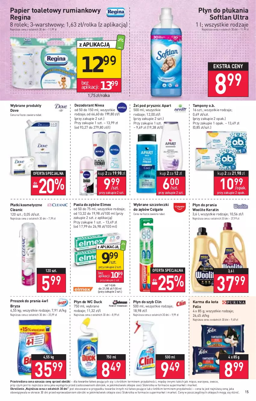 Gazetka promocyjna Stokrotka - Market - ważna 03.08 do 09.08.2023 - strona 16 - produkty: Bryza, Cleanic, Clin, Colgate, Dezodorant, Dove, Duck, Elmex, Felix, Gin, LG, Mięso, Nivea, O.B., Owoce, Papier, Papier toaletowy, Pasta do zębów, Płatki kosmetyczne, Płyn do płukania, Płyn do prania, Płyn do szyb, Płyn do wc, Proszek do prania, Rum, Tampony, Warzywa, Woolite