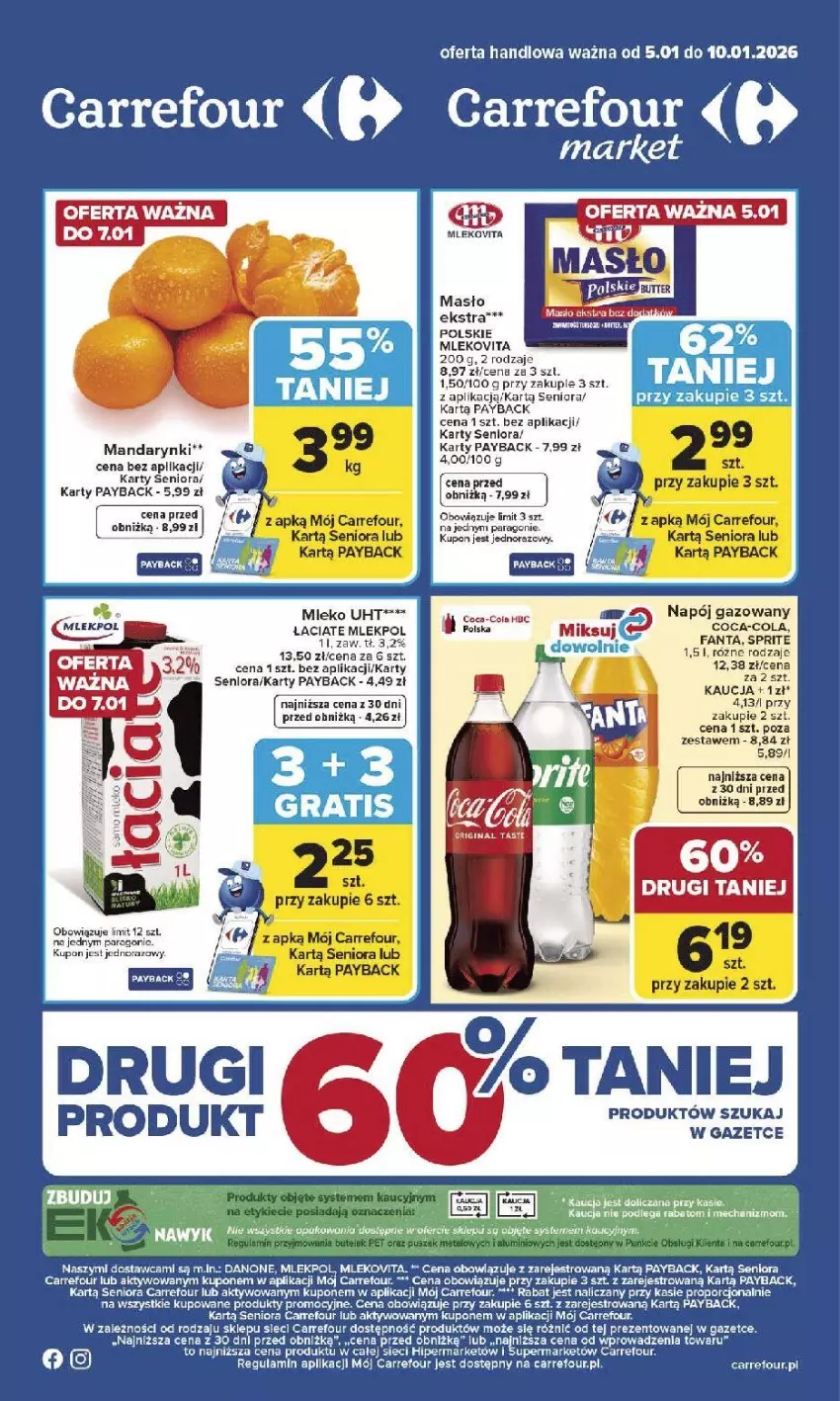 Gazetka promocyjna Carrefour - Gazetka Carrefour, Market od poniedziałku! - ważna 05.01 do 10.01.2026 - strona 1 - produkty: Coca-Cola, Danone, Fa, Fanta, Mandarynki, Masło, Mleko, Mlekovita, Por, Sprite, Tago
