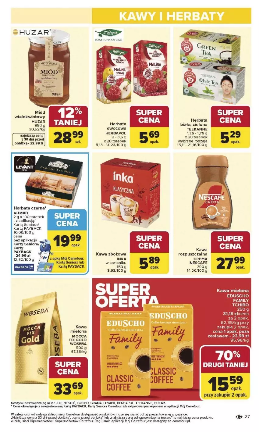 Gazetka promocyjna Carrefour - Gazetka Carrefour, Market od poniedziałku! - ważna 05.01 do 10.01.2026 - strona 29 - produkty: Fa, Gra, Herbapol, Herbata, Herbata czarna, Inka, Kawa, Kawa mielona, Kawa rozpuszczalna, Kawa zbożowa, Miód, Mocca Fix Gold, Tchibo, Teekanne, Tonik, Woseba