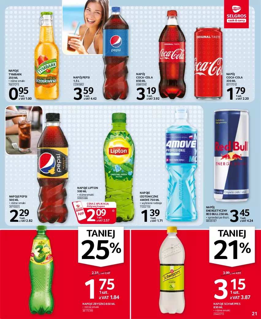 Gazetka promocyjna Selgros - Oferta spożywcza - ważna 05.08 do 18.08.2021 - strona 21 - produkty: Coca-Cola, Lipton, Napój, Napój energetyczny, Napoje, Pepsi, Red Bull, Schweppes, Tymbark