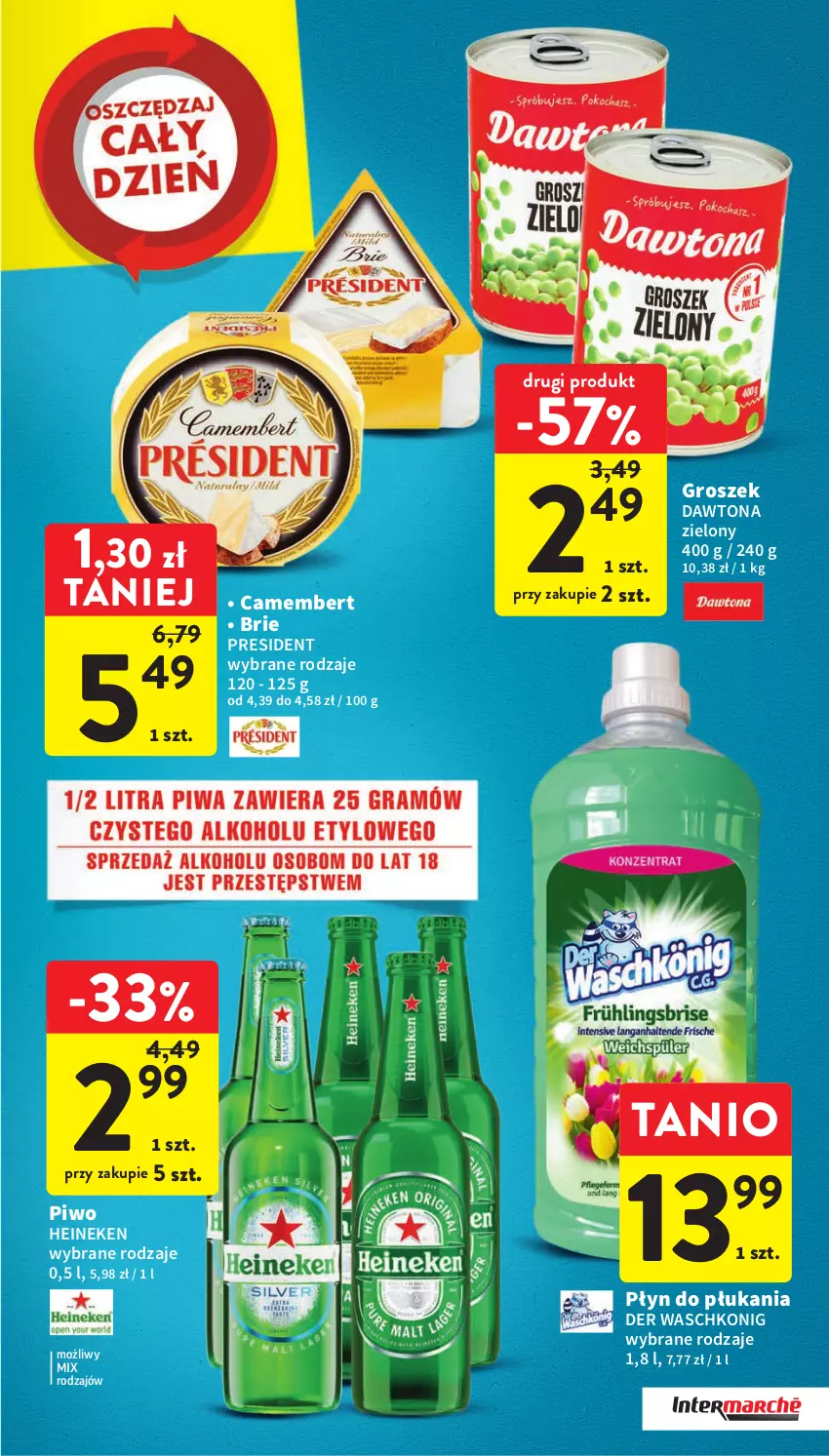 Gazetka promocyjna Intermarche - Gazetka Intermarche - ważna 16.03 do 22.03.2023 - strona 47 - produkty: Brie, Camembert, Dawtona, Groszek, Heineken, Piwo, Płyn do płukania