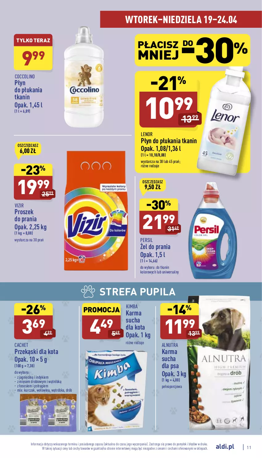 Gazetka promocyjna Aldi - Pełny katalog - ważna 19.04 do 24.04.2022 - strona 11 - produkty: Coccolino, Drób, Fa, Kurczak, Lenor, Persil, Płyn do płukania, Por, Proszek do prania, Przekąski dla kota, Pstrąg, Sos, Tera, Vizir, Wołowina