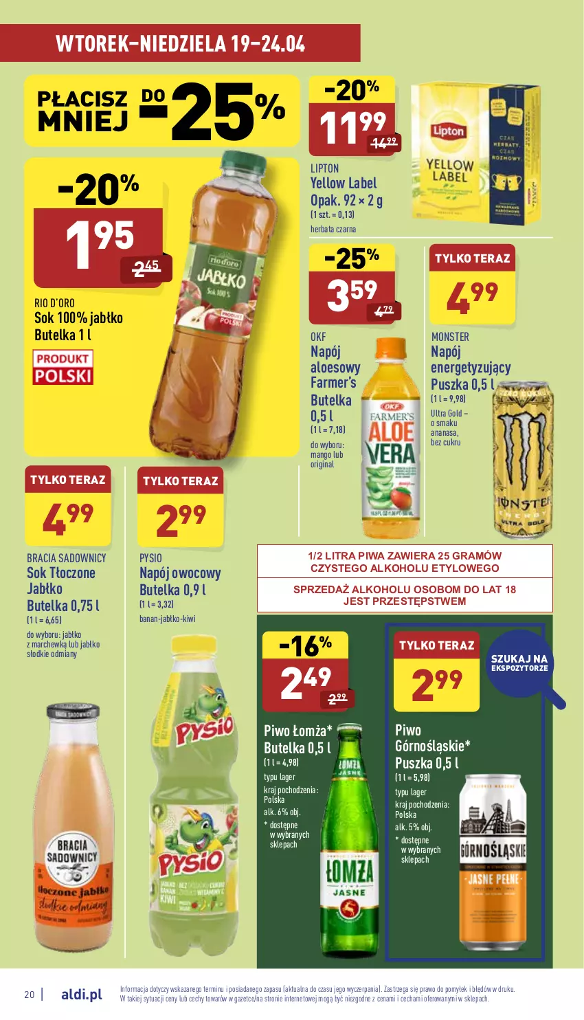 Gazetka promocyjna Aldi - Pełny katalog - ważna 19.04 do 24.04.2022 - strona 20 - produkty: Ananas, Fa, Gin, Gra, Herbata, Herbata czarna, Kiwi, Lipton, Mango, Napój, Piwa, Piwo, Sok, Tera