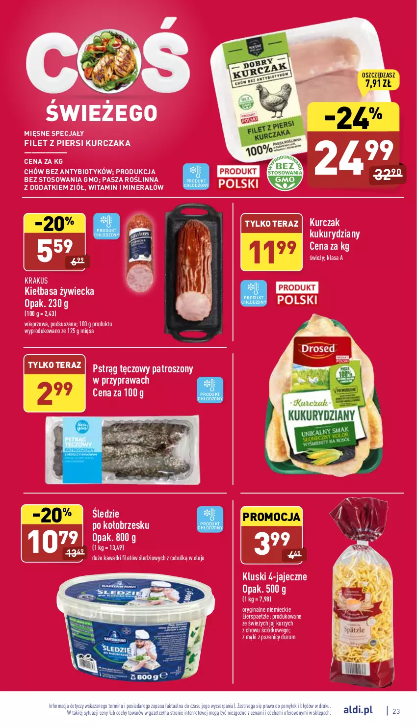 Gazetka promocyjna Aldi - Pełny katalog - ważna 19.04 do 24.04.2022 - strona 23 - produkty: Filet z piersi kurczaka, Gin, Kawa, Kiełbasa, Krakus, Kurczak, Mięsne specjały, Olej, Pstrąg, Pstrąg tęczowy, Rum, Tera