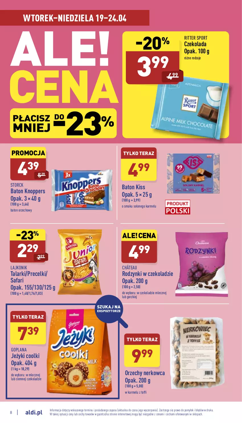 Gazetka promocyjna Aldi - Pełny katalog - ważna 19.04 do 24.04.2022 - strona 8 - produkty: Baton, Czekolada, Fa, Goplana, Jeżyki, Knoppers, Lajkonik, LANA, Por, Precelki, Ritter Sport, Rodzynki, Sport, Tera