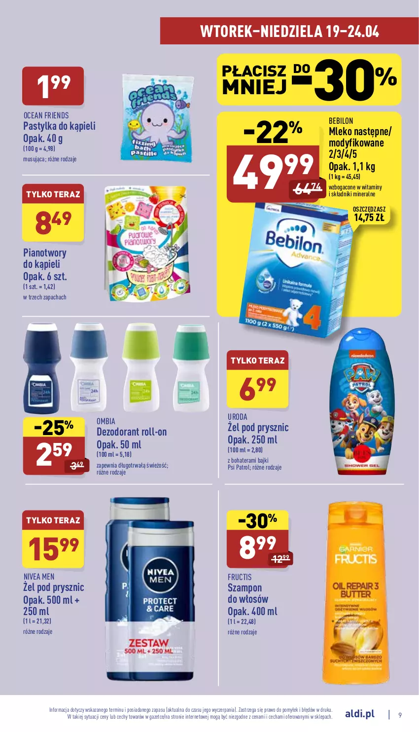 Gazetka promocyjna Aldi - Pełny katalog - ważna 19.04 do 24.04.2022 - strona 9 - produkty: BEBILON, Dezodorant, Fructis, Mleko, Mus, Nivea, Nivea Men, O nas, Psi Patrol, Szampon, Tera