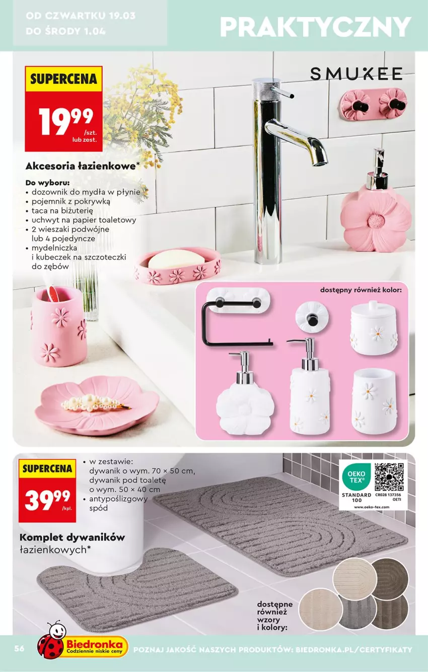 Gazetka promocyjna Biedronka - Okazje Tygodnia - ważna 14.03 do 28.03.2026 - strona 56 - produkty: Dozownik, Dywan, Dywanik, Mydelniczka, Papier, Papier toaletowy, Pojemnik, Pojemnik z pokrywką, Taca, Wieszak
