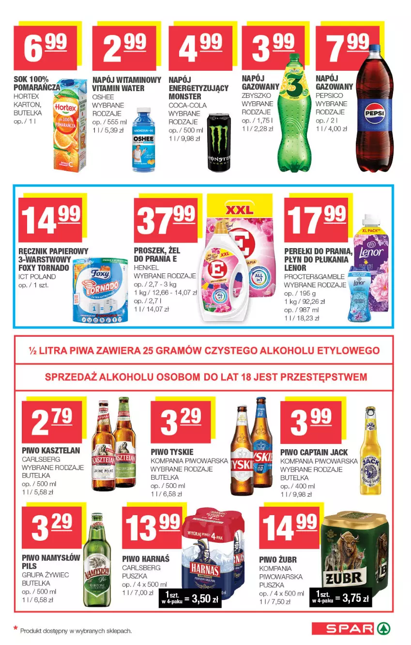 Gazetka promocyjna Spar - Spar - ważna 21.10 do 01.11.2026 - strona 7 - produkty: Captain Jack, Carlsberg, Coca-Cola, Foxy, Harnaś, Hortex, Kasztelan, Lenor, Namysłów, Napój, Oshee, Papier, Pepsi, Piwo, Płyn do płukania, Ręcznik, Sok, Tera, Tyskie