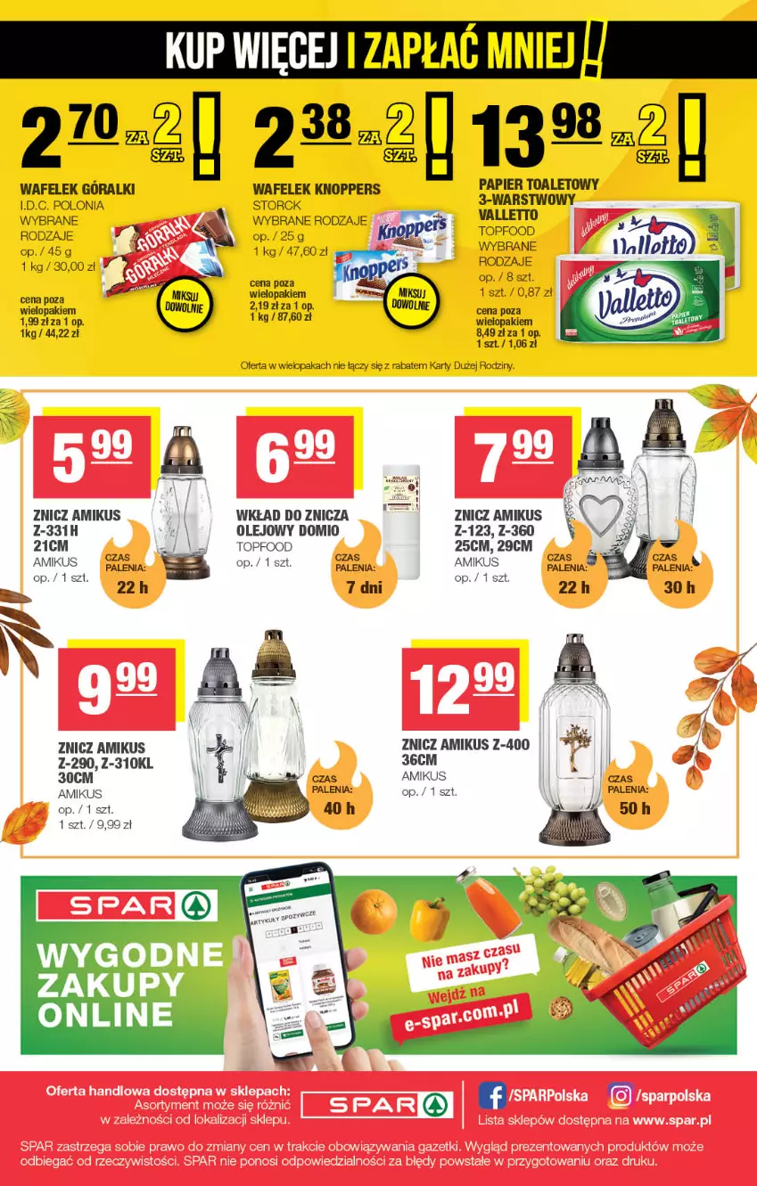 Gazetka promocyjna Spar - Spar - ważna 21.10 do 01.11.2026 - strona 8 - produkty: Góralki, Knoppers, Olej, Papier, Papier toaletowy, Top, Wafelek, Znicz