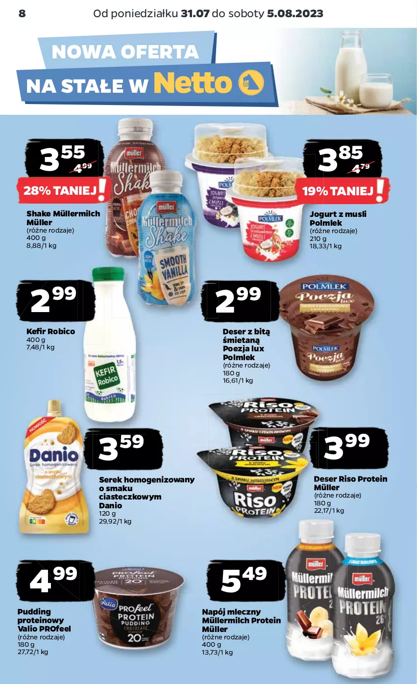 Gazetka promocyjna Netto - Artykuły spożywcze - ważna 31.07 do 05.08.2023 - strona 8 - produkty: BIC, Danio, Deser, Jogurt, Kefir, Müller, Müllermilch, Mus, Napój, Napój mleczny, POLMLEK, Pudding, Robico, Ser, Serek, Serek homogenizowany