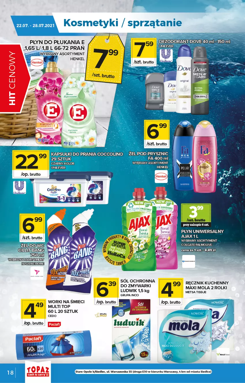 Gazetka promocyjna Topaz - Gazetka - ważna 22.07 do 28.07.2021 - strona 18 - produkty: Ajax, Coccolino, Colgate, Kapsułki do prania, LG, Ludwik, Mola, Palmolive, Płyn do płukania, Ręcznik, Ręcznik kuchenny, Rolki, Sól, Top, Worki na śmiec, Worki na śmieci, Zmywarki