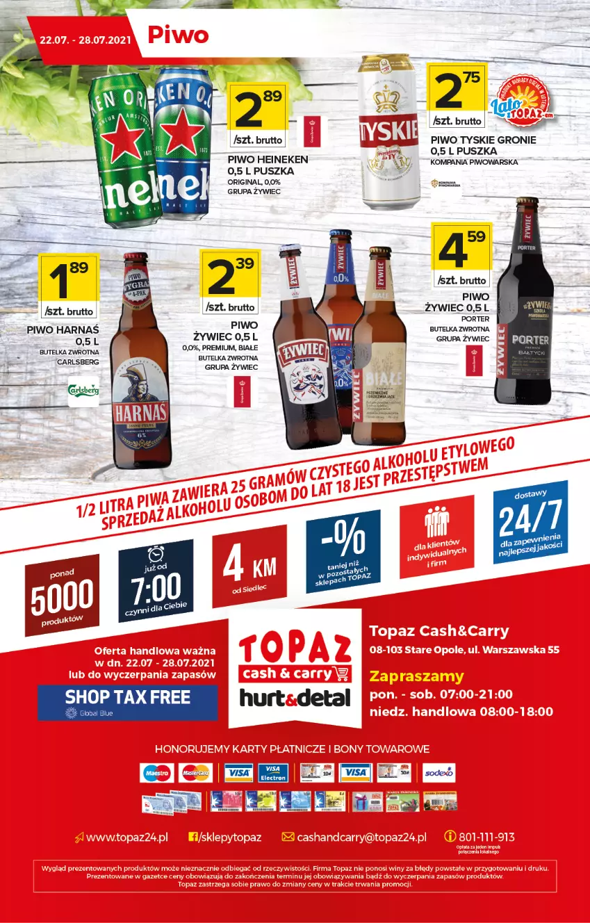 Gazetka promocyjna Topaz - Gazetka - ważna 22.07 do 28.07.2021 - strona 20 - produkty: Gin, Heineken, Piwo, Por, Tyskie