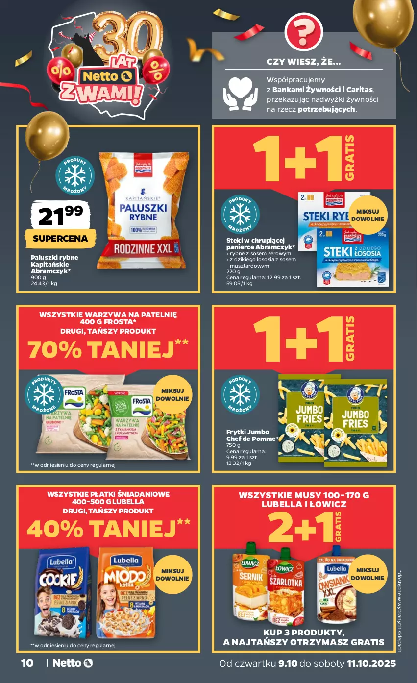 Gazetka promocyjna Netto - Od Czwartku - ważna 09.10 do 11.10.2025 - strona 10 - produkty: Bell, Bella, Danio, Frosta, Frytki, Gra, Lubella, Mus, Paluszki rybne, Ser, Sos, Stek, Warzywa