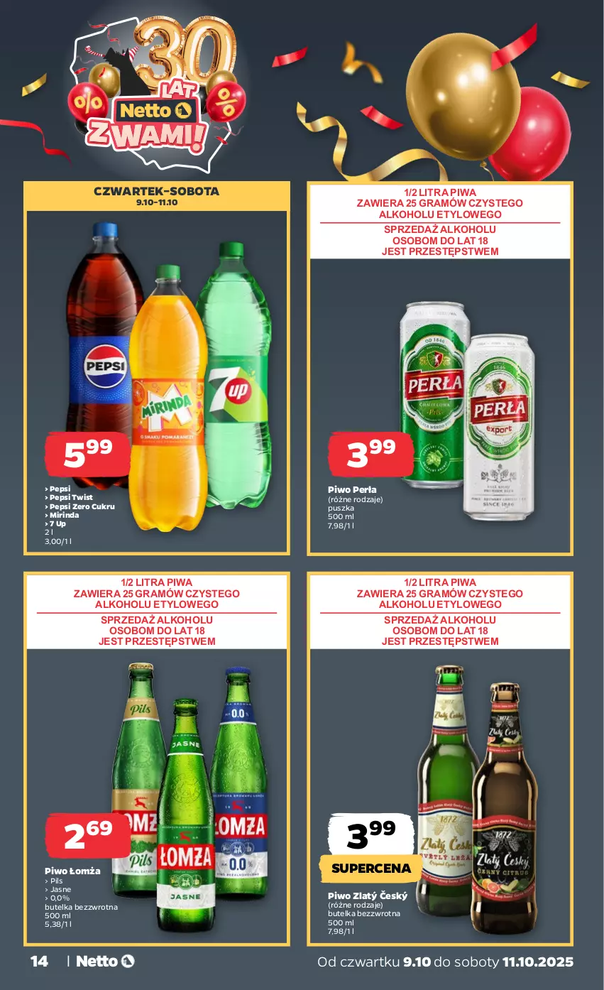 Gazetka promocyjna Netto - Od Czwartku - ważna 09.10 do 11.10.2025 - strona 14 - produkty: Gra, Mirinda, Pepsi, Perła, Piwa, Piwo