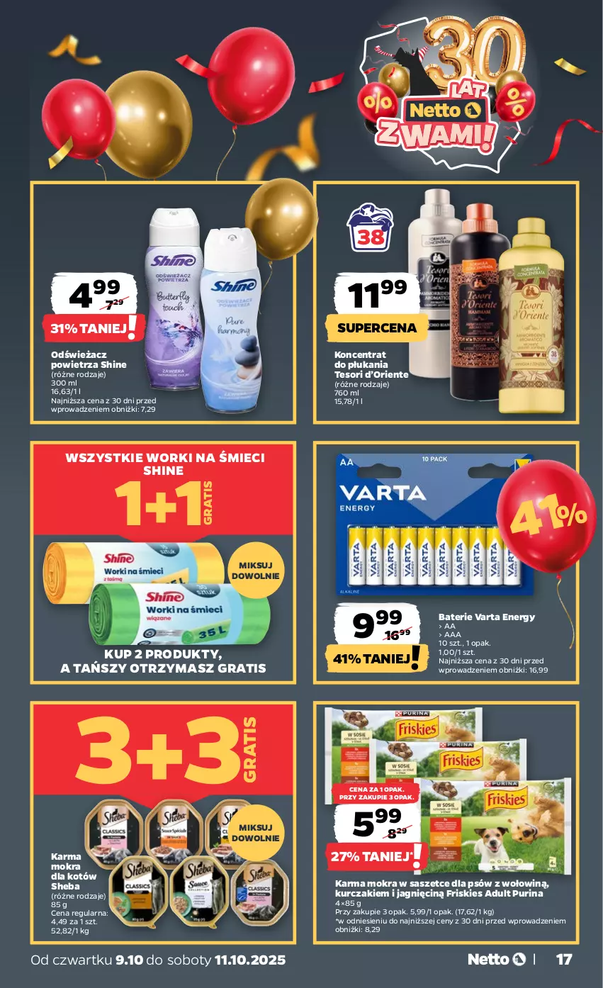 Gazetka promocyjna Netto - Od Czwartku - ważna 09.10 do 11.10.2025 - strona 17 - produkty: Friskies, Gra, Karma mokra dla kotów, Kurczak, Odświeżacz powietrza, Pur, Purina, Sheba, Varta, Worki na śmiec, Worki na śmieci